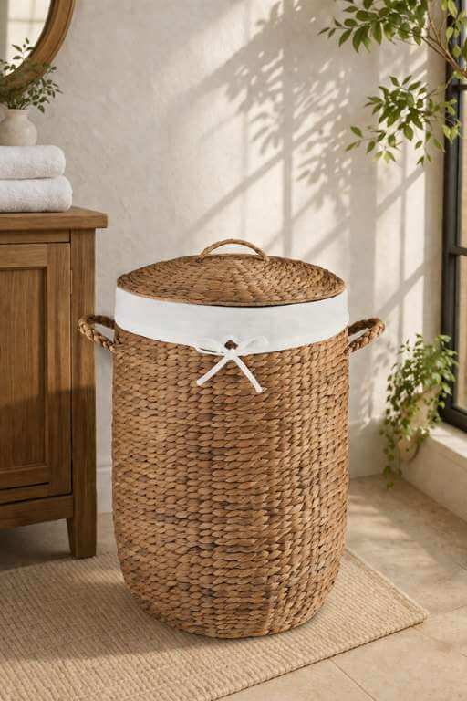 Round Water Hyacinth Laundry Hamper with Lid (60L Capacity)