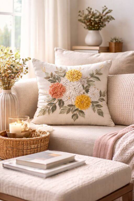 Embroidered Throw Pillow Cover – Boho Floral Elegance