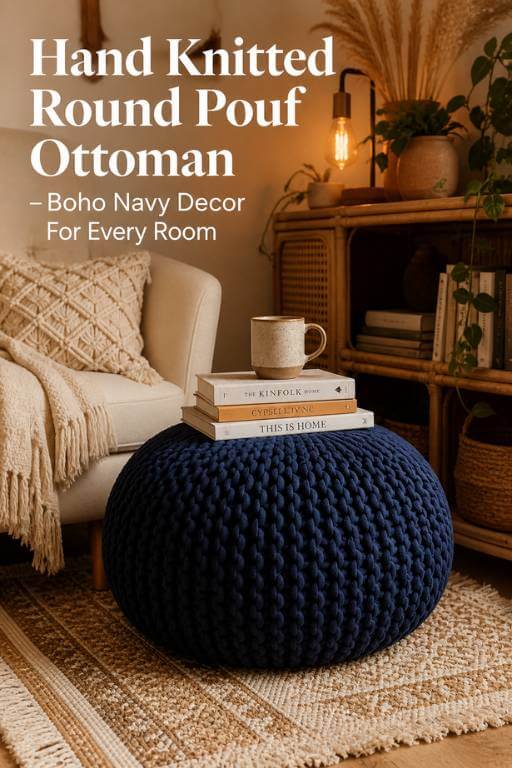 FRELISH DECOR Hand-Knitted Round Pouf Ottoman — Navy Cotton
