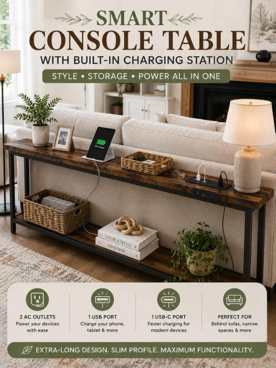 SUPERJARE Narrow Console Table with Charging Station